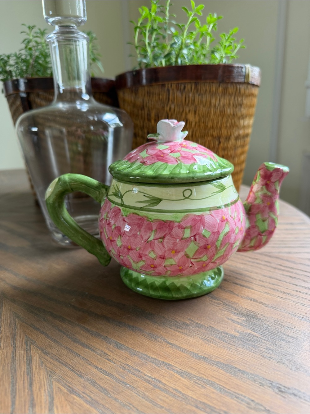 Small Pink Floral Ceramic Teapot with Green Accents